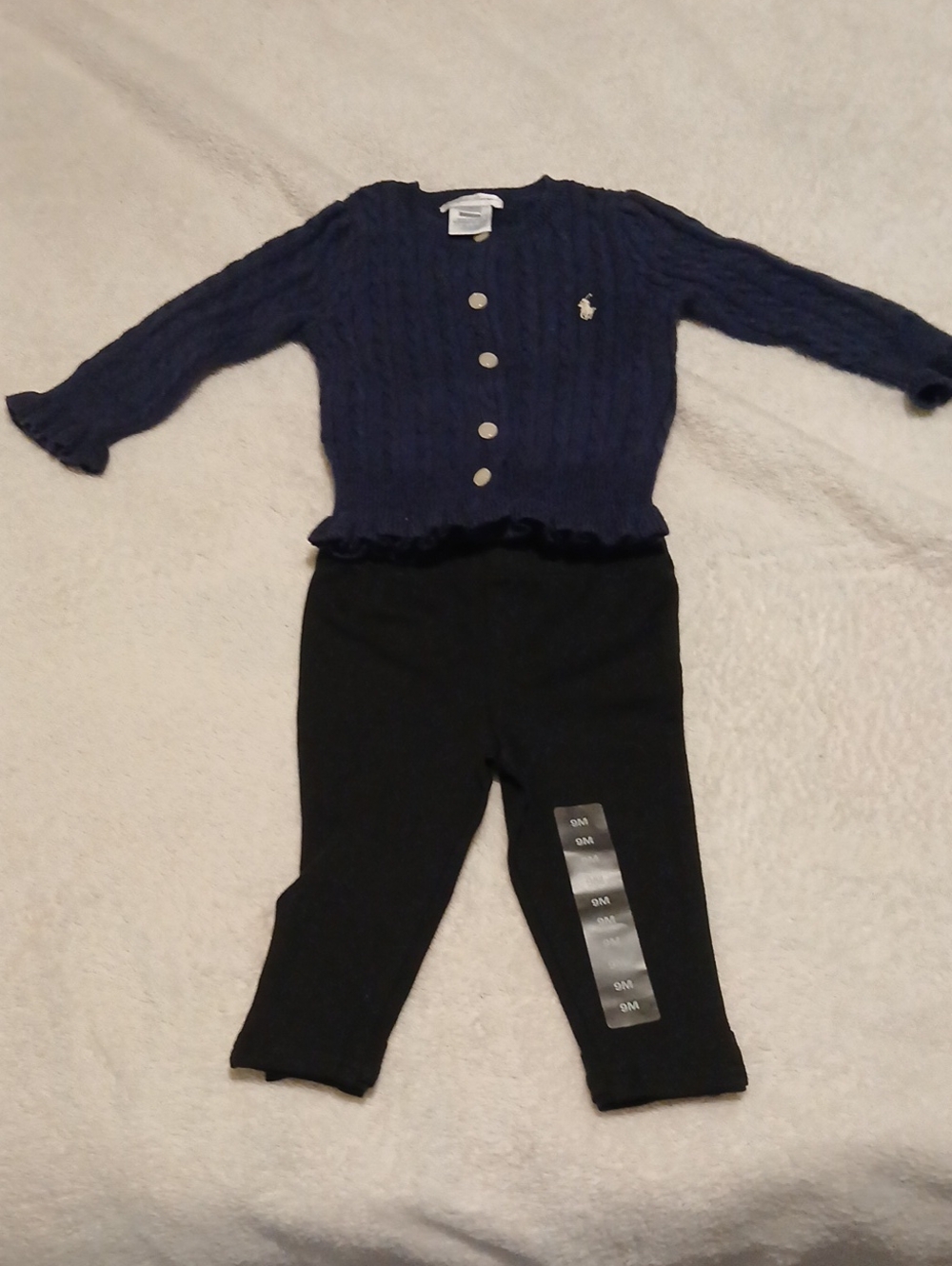 Ralph Lauren Navy Cable-Knit Cardigan with Black Leggings